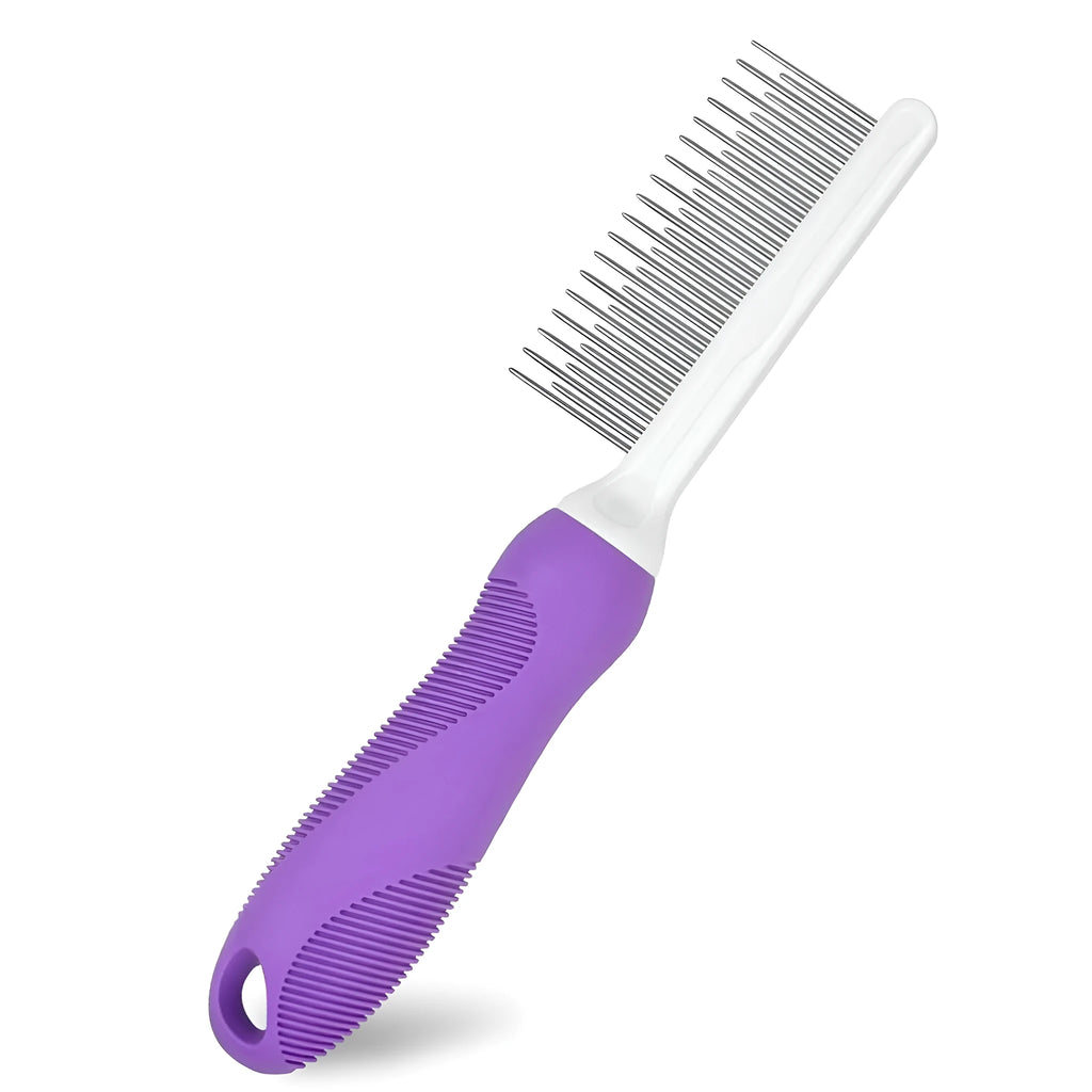 Purple pet grooming comb with stainless steel long and short teeth for detangling dog and cat hair