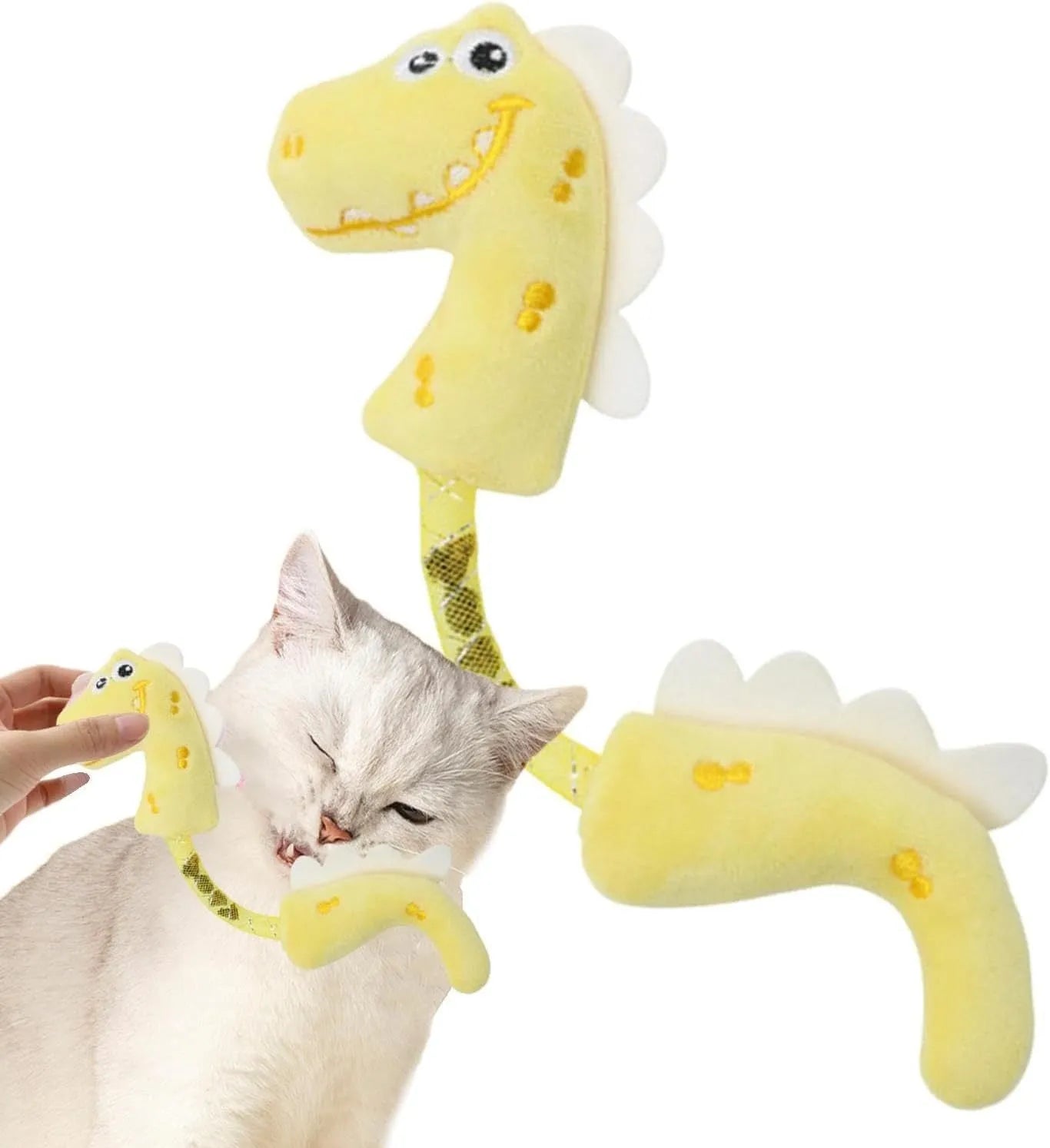 Set of four cat toys: plush fish, mouse, bunny, and a catnip rope on a pink background.