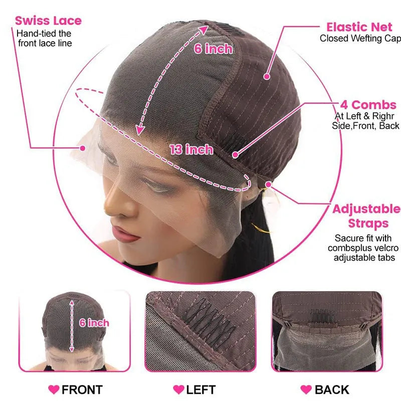 Black straight human hair lace front wig with a 13x6 inch frontal on a mannequin head.