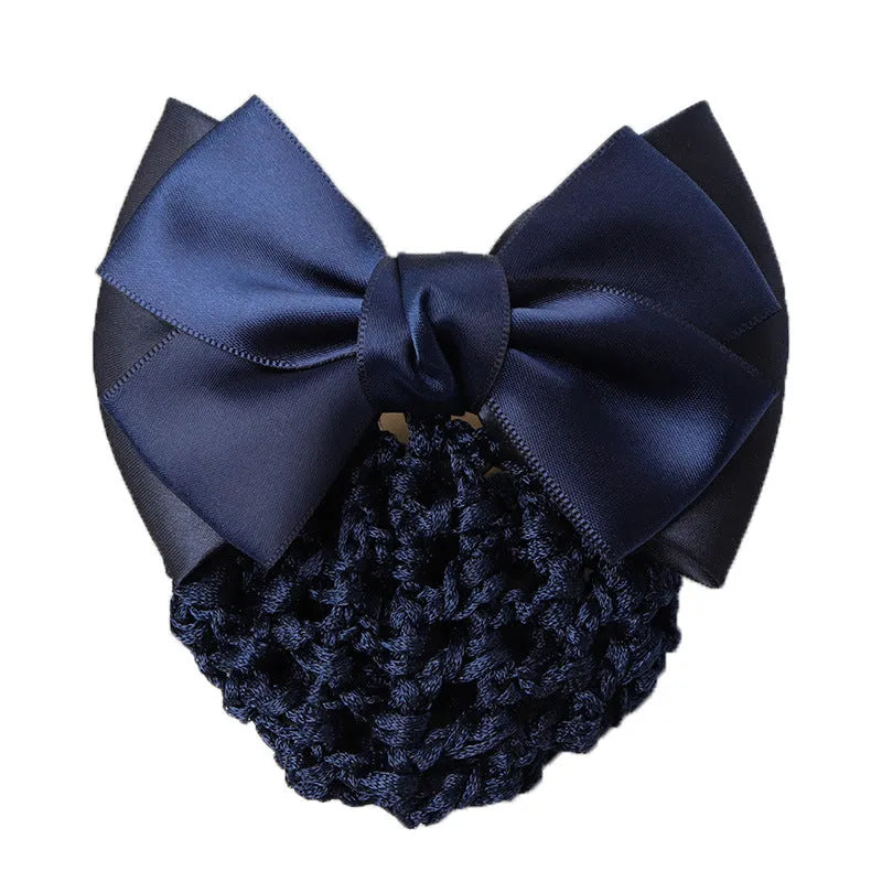 Professional waitress hair net with double bow clip in various colours including black, red, and blue mesh