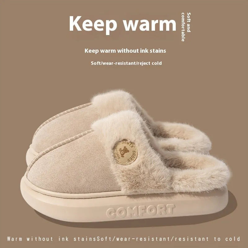 Plush fleece indoor slippers with thick PVC soles in various colours