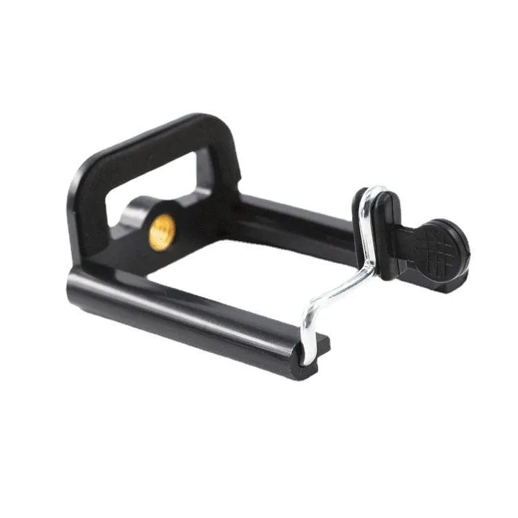 Black plastic U-clip mobile phone holder designed for mounting on cylindrical objects like hoses or poles.