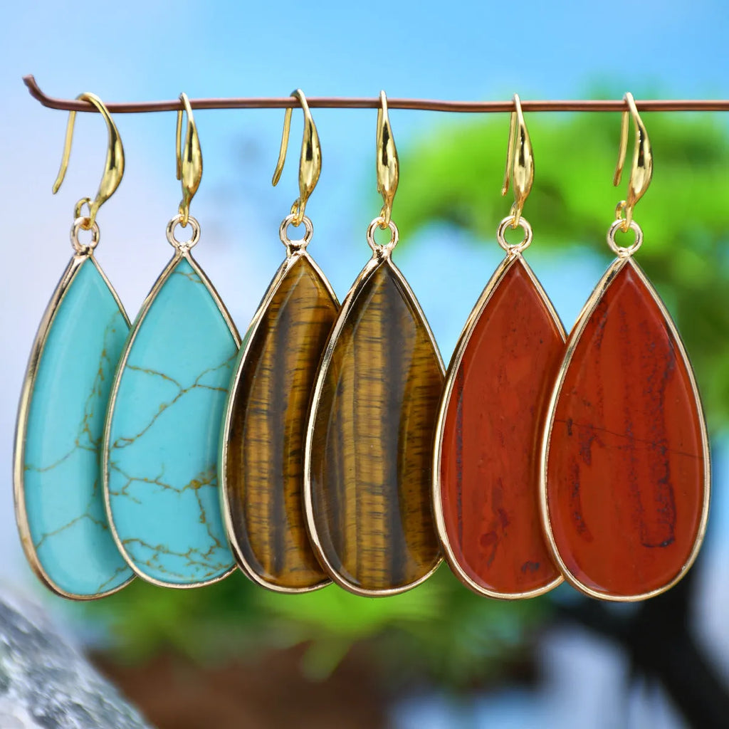 Vintage handmade stone drop earrings in tigereye colour with textured surface
