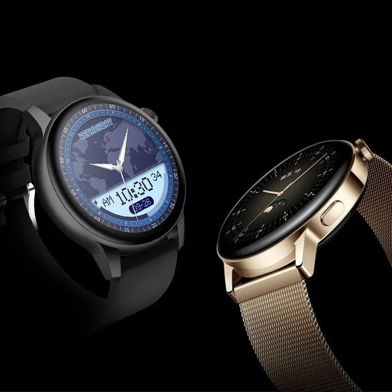Silver smart watch with a round stainless steel case and a colour touch screen displaying a watch face