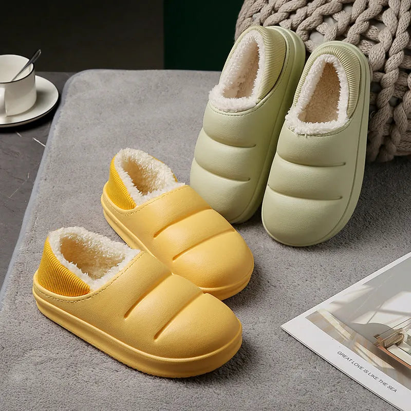 Couple cotton slippers with waterproof EVA sole and plush lining in six colours