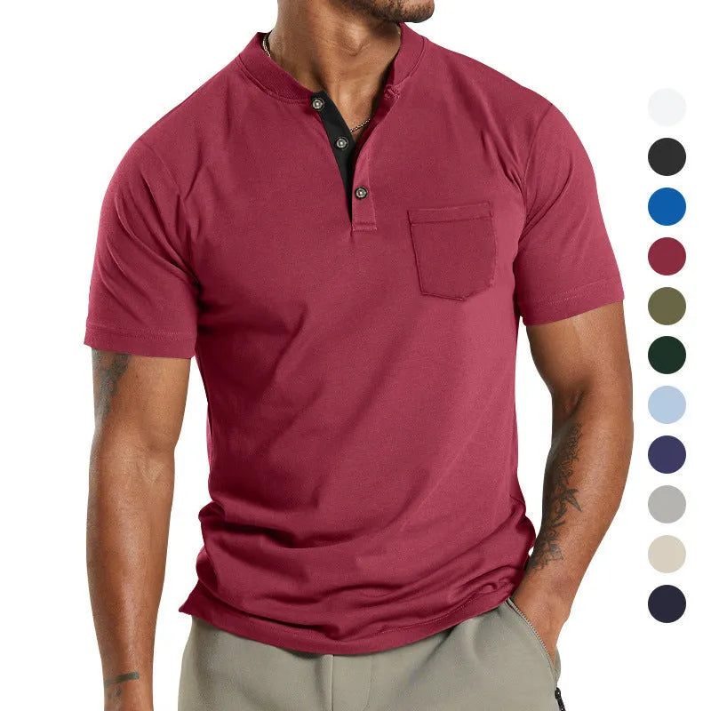 Plus size men's short sleeve button shirt with chest pocket in solid colour polyester fabric