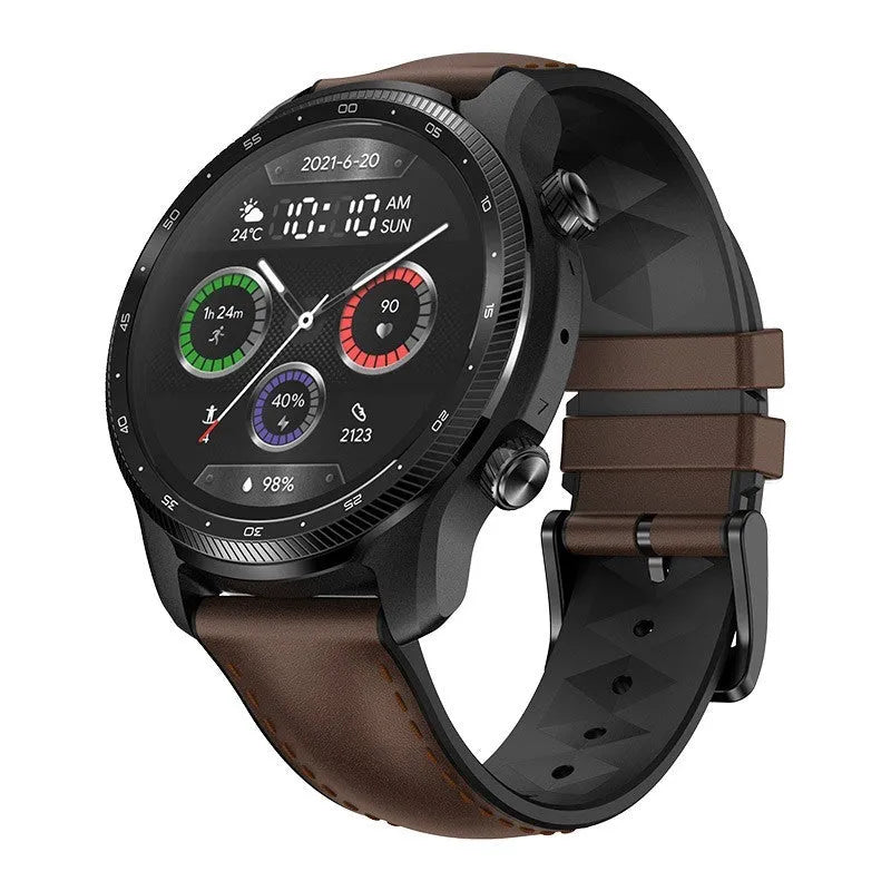 Ticwatch Pro X 47mm black smart watch with round dual-layer display on a wrist.