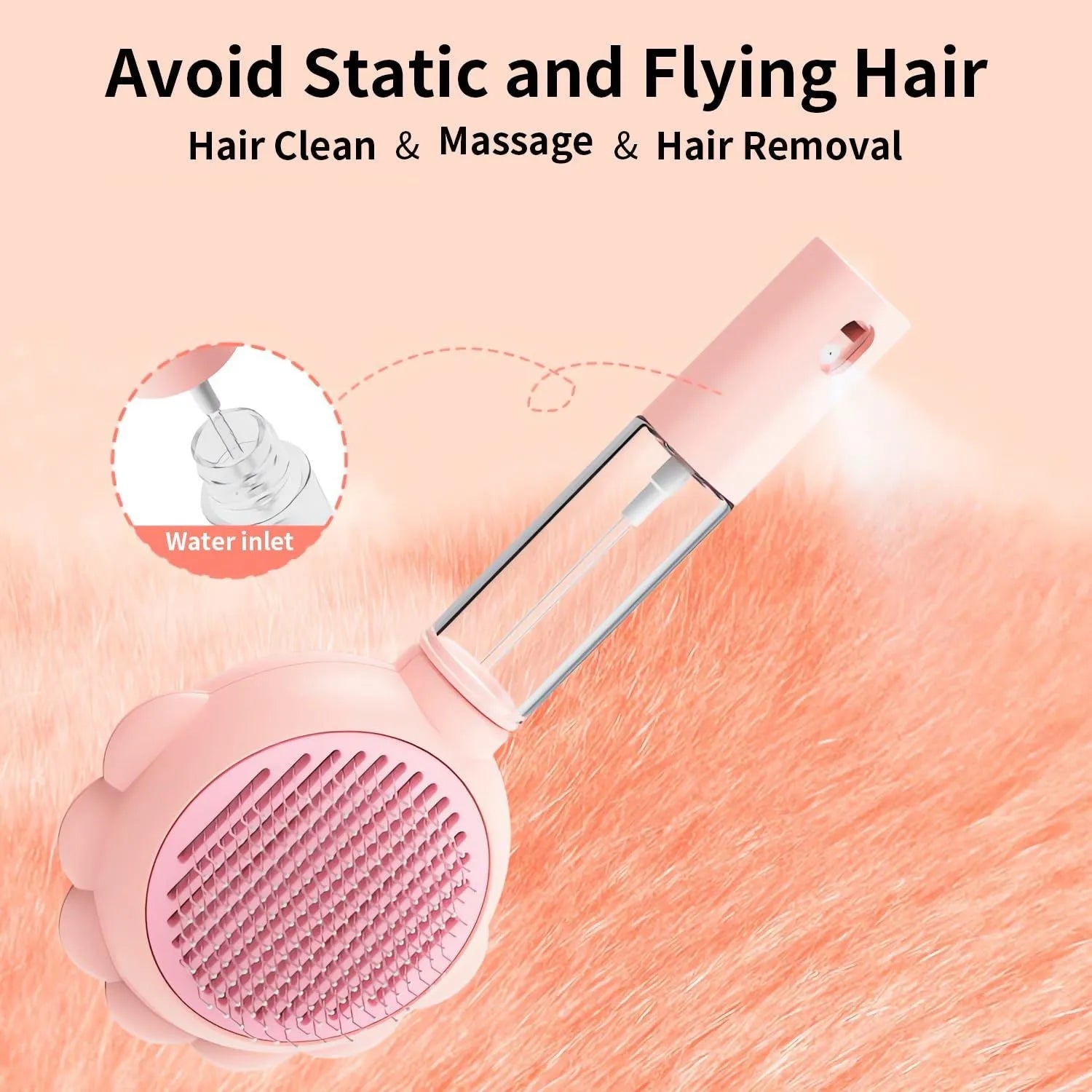 Grey spray cat brush with release button on a white background, showing the bristle head and spray nozzle.