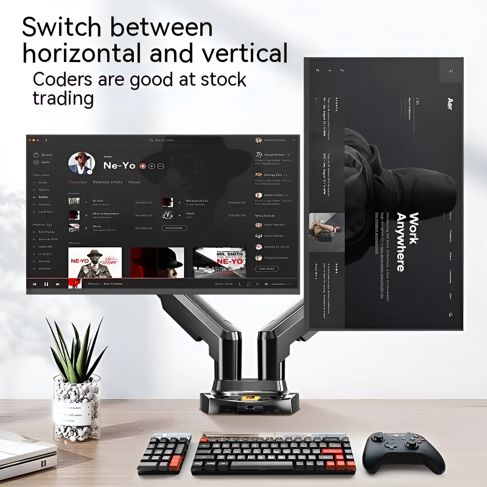Dual screen computer monitor lifting bracket with aluminium alloy frame on a desk