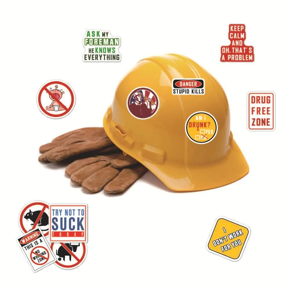 Pack of 50 waterproof PVC warning stickers for motorcycle helmets and skateboards featuring four-colour graffiti style printing