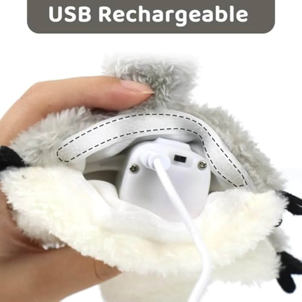 Grey flapping squirrel cat toy with USB charging cable on neutral background