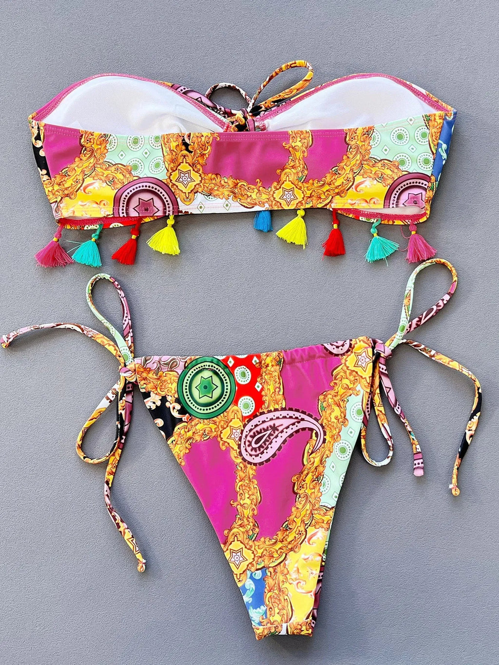 Women's separated polyester tube top bikini set in printing colour for swimming