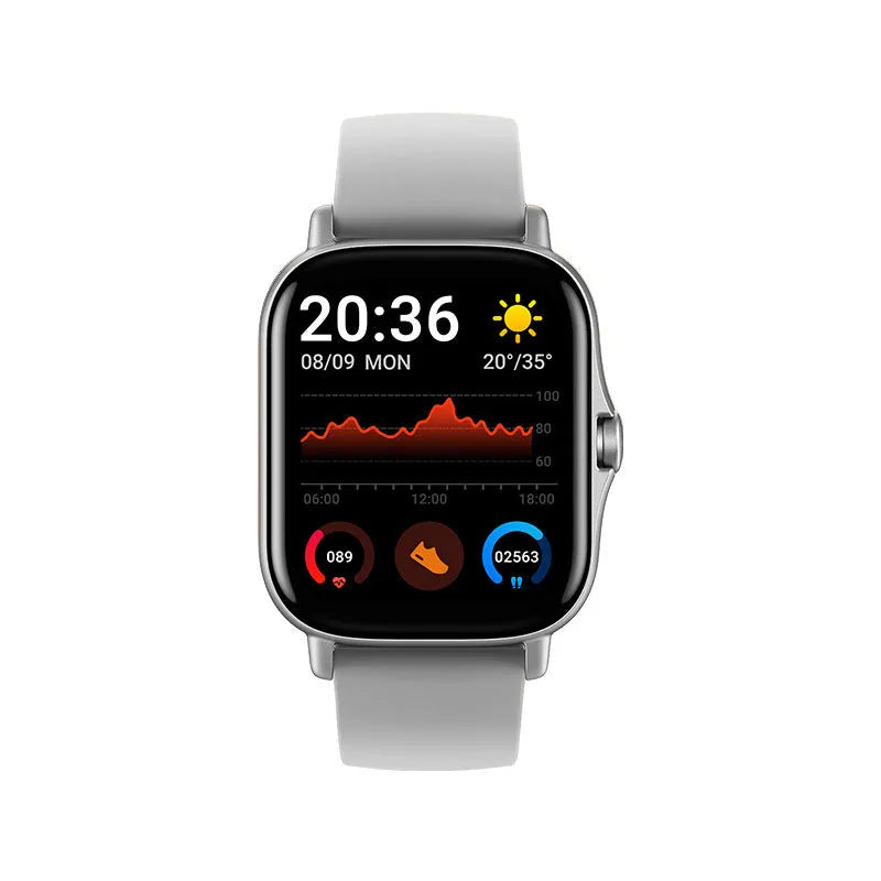 GT20 black alloy smartwatch with silicone strap showing heart rate monitoring on screen