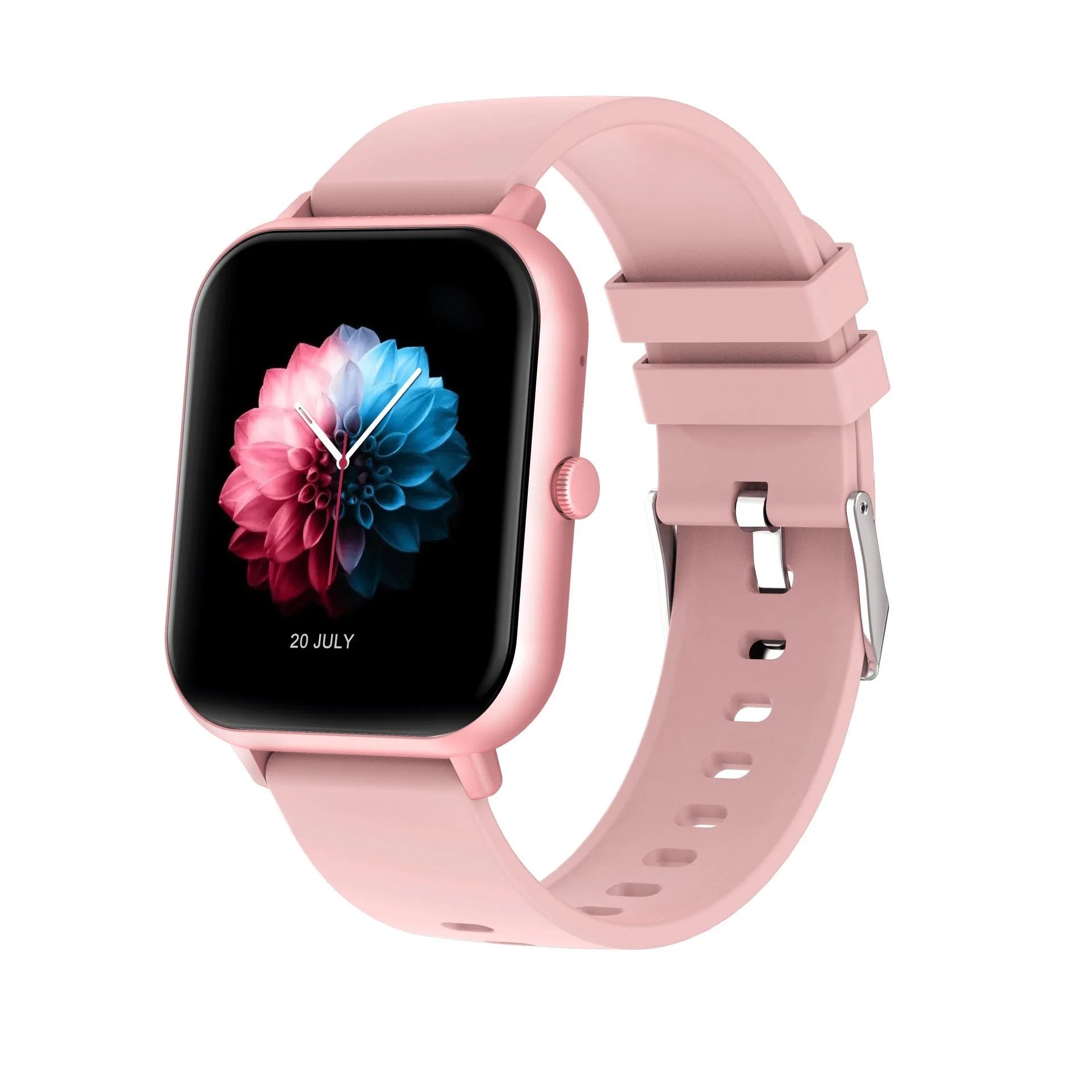 Bluetooth smart watch with heart rate monitor on wrist, showing TFT screen, available in black, silver gray, pink, khaki.