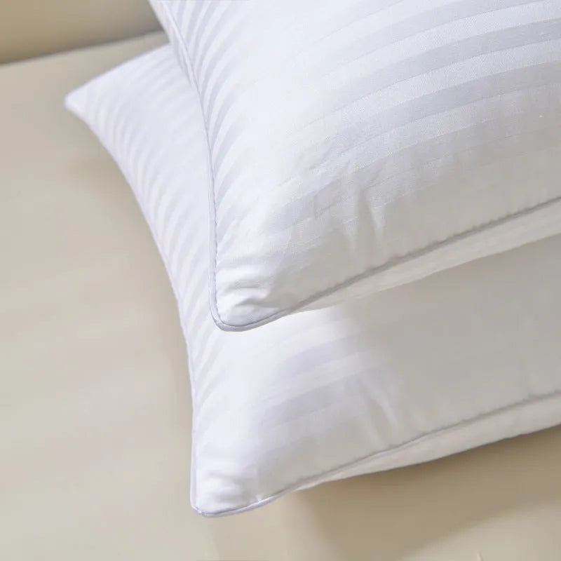 White cotton satin stripe pillow with a 2cm stripe, shown in low, medium, and high loft versions.