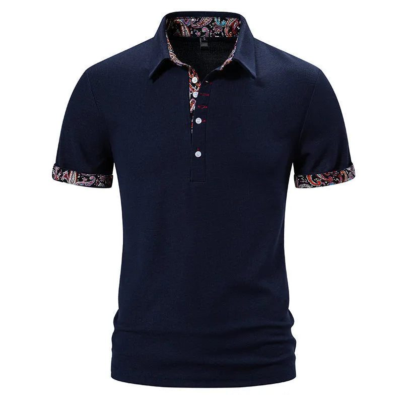 Men's navy blue cotton blend polo shirt with a turnover neck and short sleeves on a hanger.