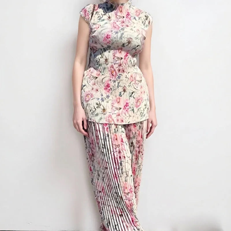 Women's long sleeve printed chiffon dress set with high waist and matching top in picture colour