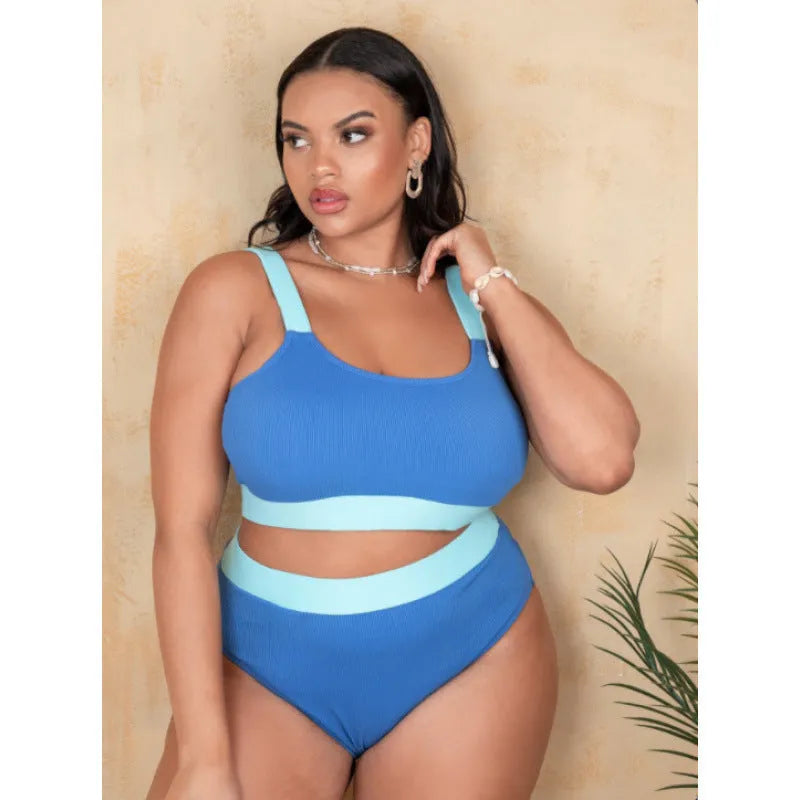 Women's solid-colour high-waist bikini set with brief bottom and visible stitching detail