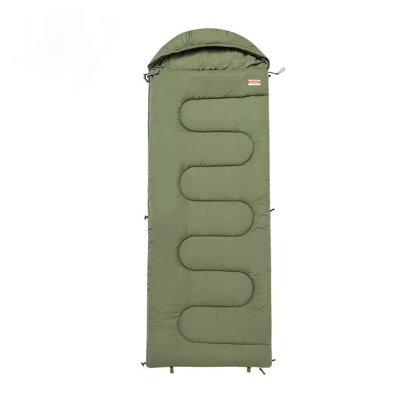 Outdoor cotton sleeping bag in ochre or olive green colour folded for portability