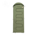 Outdoor cotton sleeping bag in ochre or olive green colour folded for portability