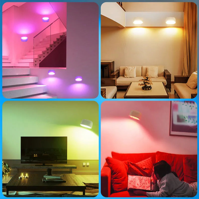 Modern oval remote touch magnetic wall lamp shown in white or black with a remote control for colour changing.