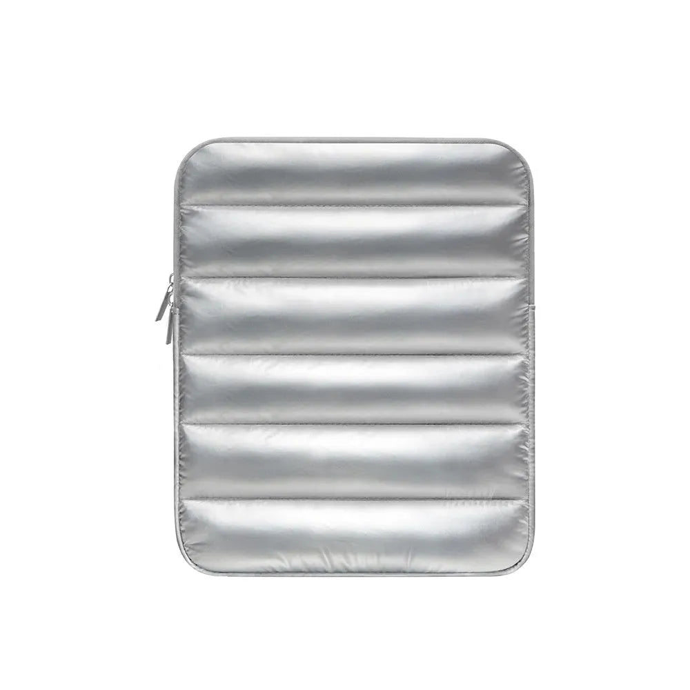 Puff bag laptop sleeve in black, khaki, or silver for 9.7 to 11 inch devices with elastic sides