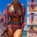 Women's three-piece swimsuit set with cutout blouse, high-waist briefs, and cover-up coat