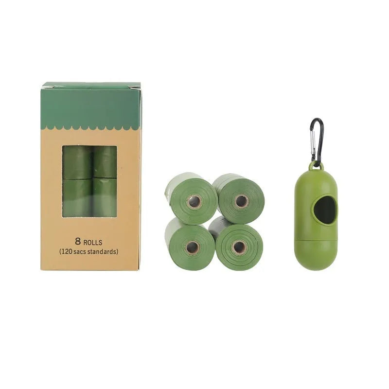 Degradable pet waste bags in green, black, blue, purple and orange colours with dispenser