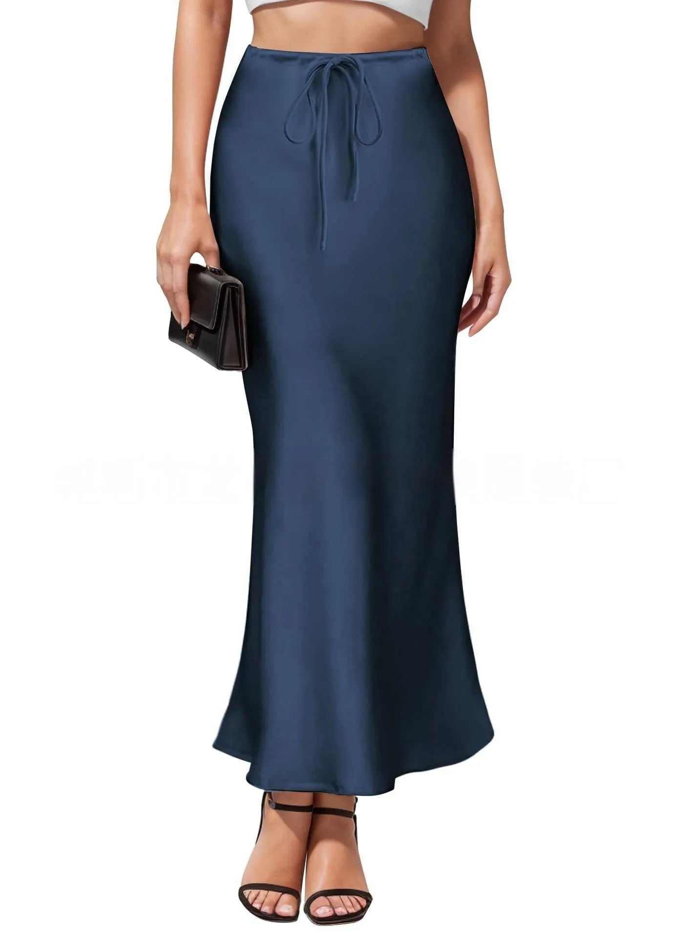 Asymmetric acetate satin skirt in milky white showing high waist design and irregular stitching detail