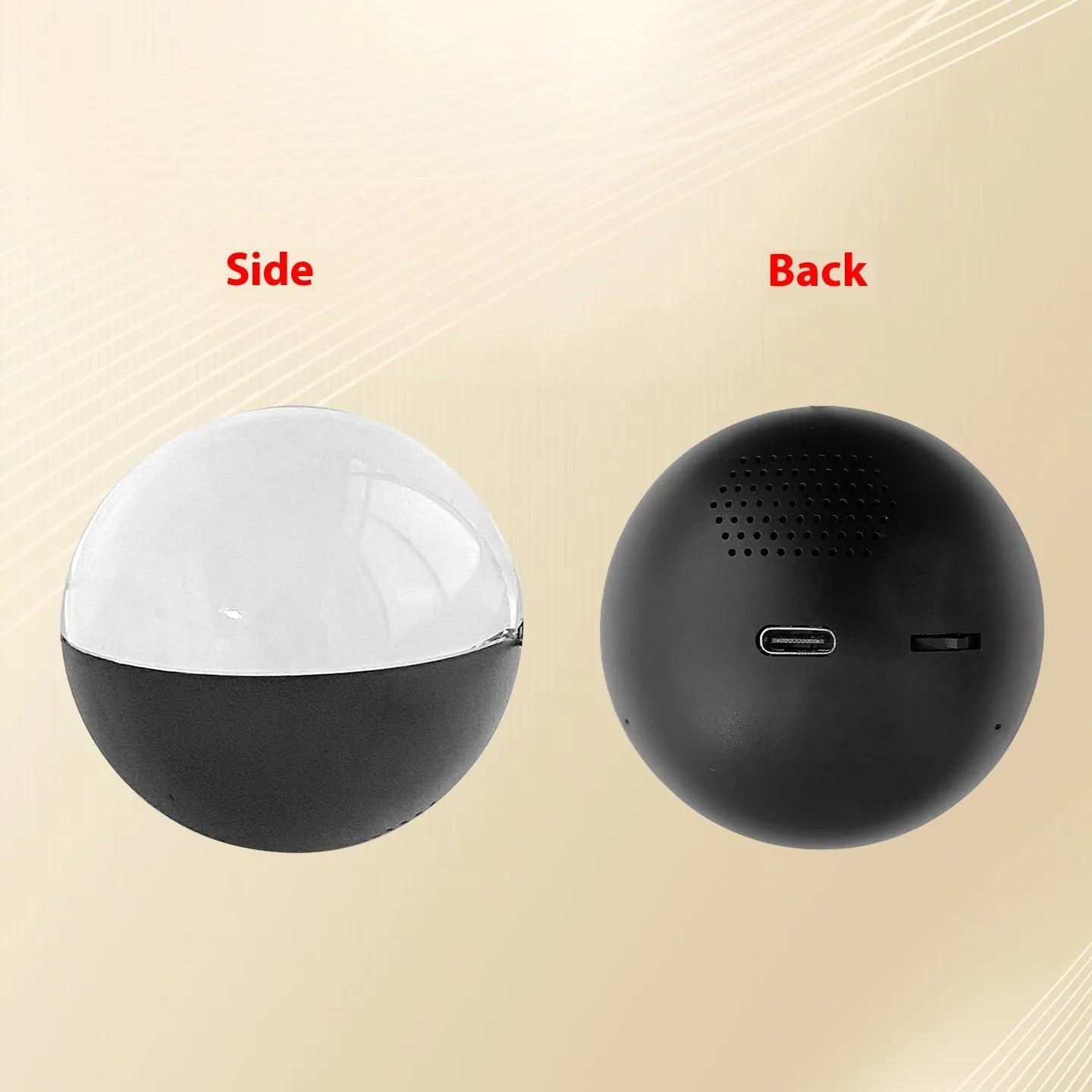 Small round electronic video player with colour screen on a plastic ball-shaped device.