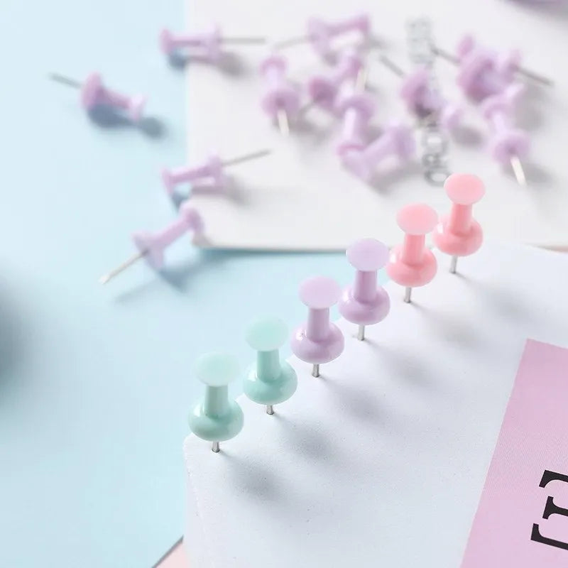 Box of plastic push pins in macaron colours - cherry blossom pink, mint green and lavender