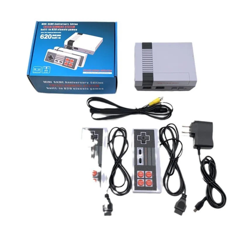 NES retro game console with two controllers, power supply, and AV cable on dark surface