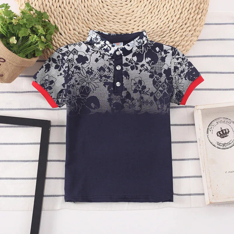 Kids short sleeve cotton shirt in grey, navy, red, or white with a lapel collar.