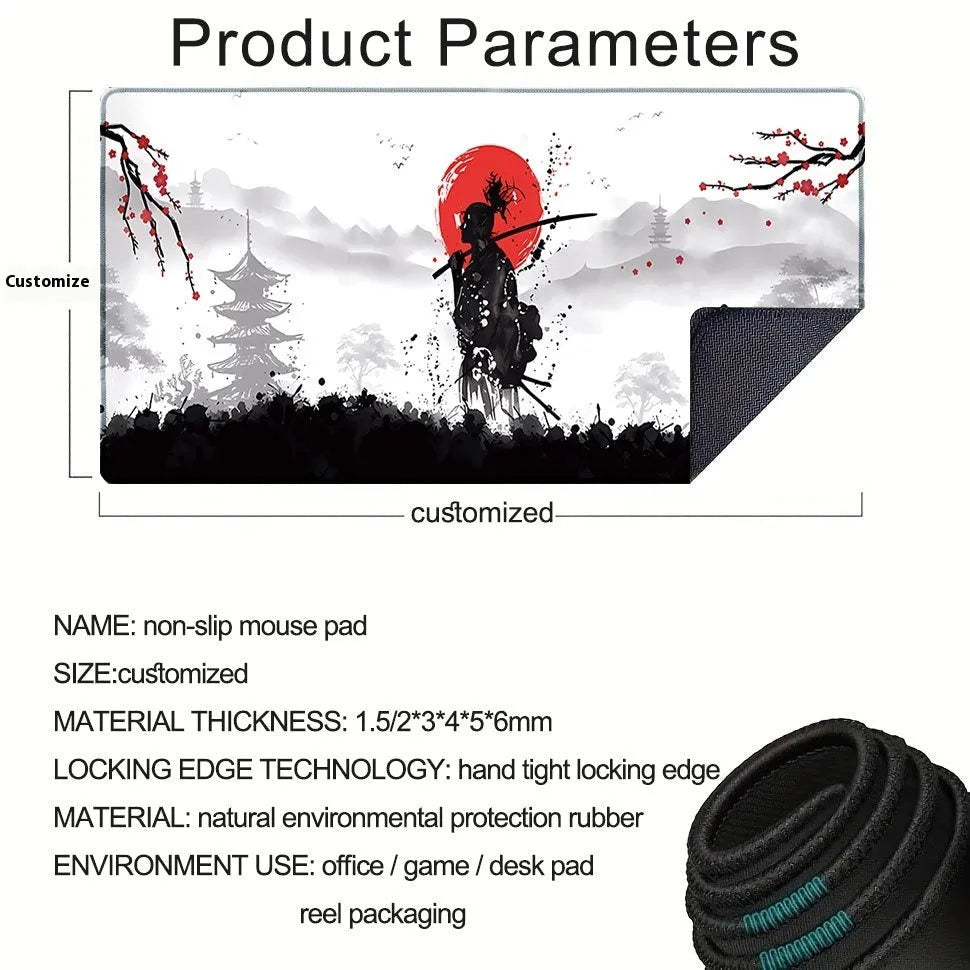 Japanese Samurai design cloth gaming mouse pad with non-slip base on desk