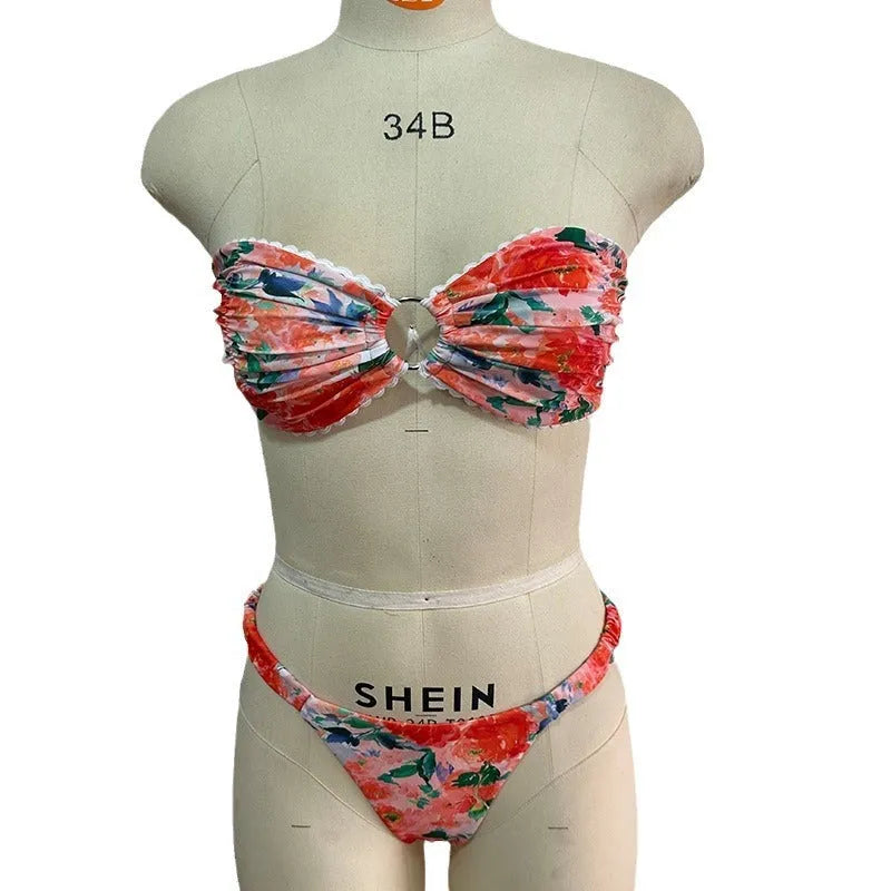Women's floral printed bikini set with lace-up tube top and coordinating shorts for swimming