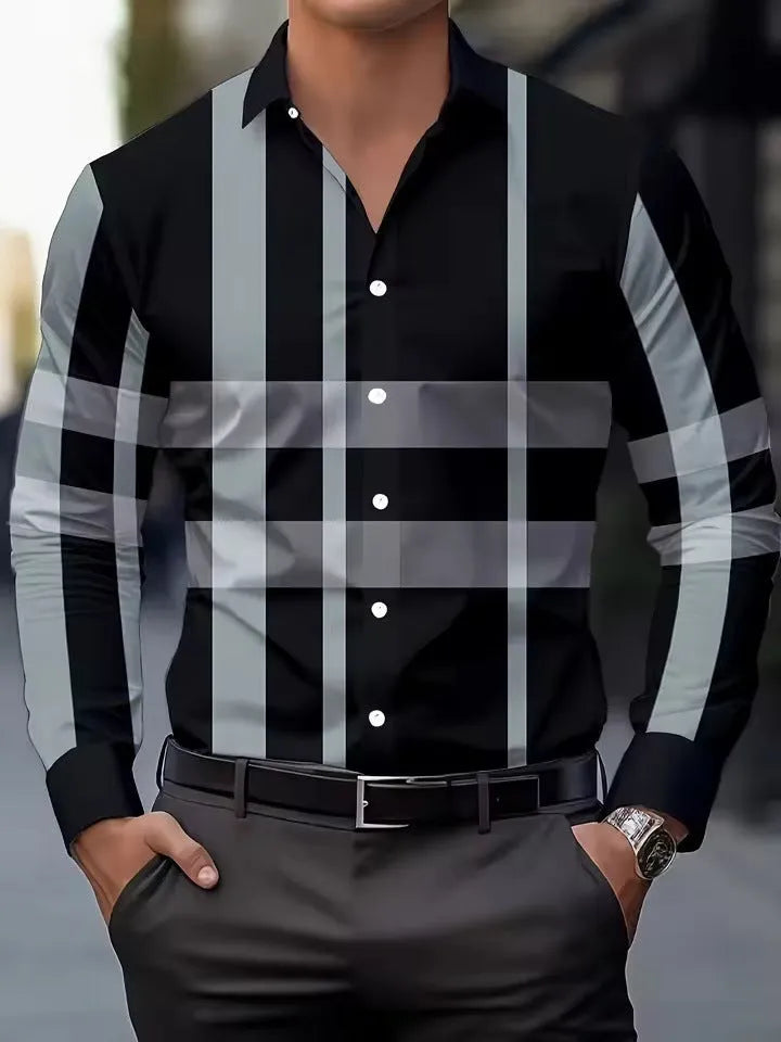 Man wearing a striped long sleeve shirt with a button lapel collar, available in multiple colours and sizes.