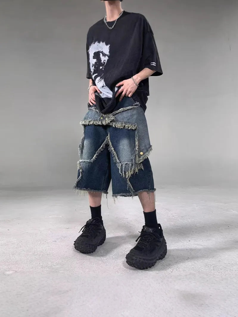 Blue men's loose fit denim shorts with frayed hem and embroidered five-pointed star retro design