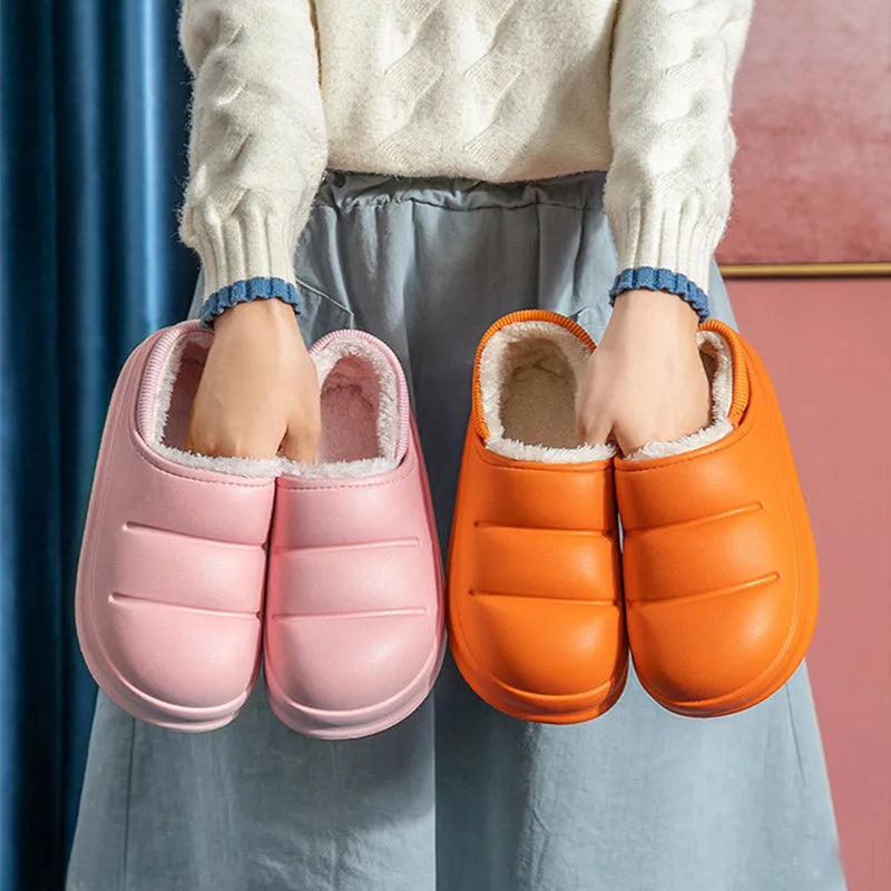 Couple cotton slippers with waterproof EVA sole and plush lining in six colours