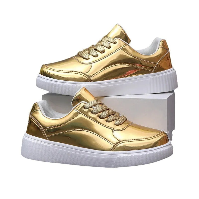 Gold sequinned platform sneaker with round toe and thick MD sole.