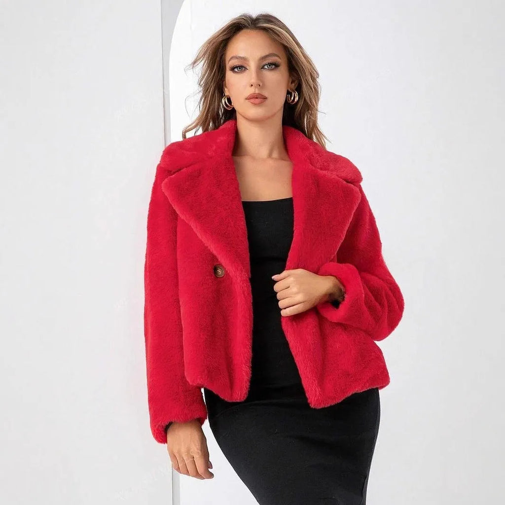 Women's short loose artificial fur coat in rose red colour with regular sleeves.