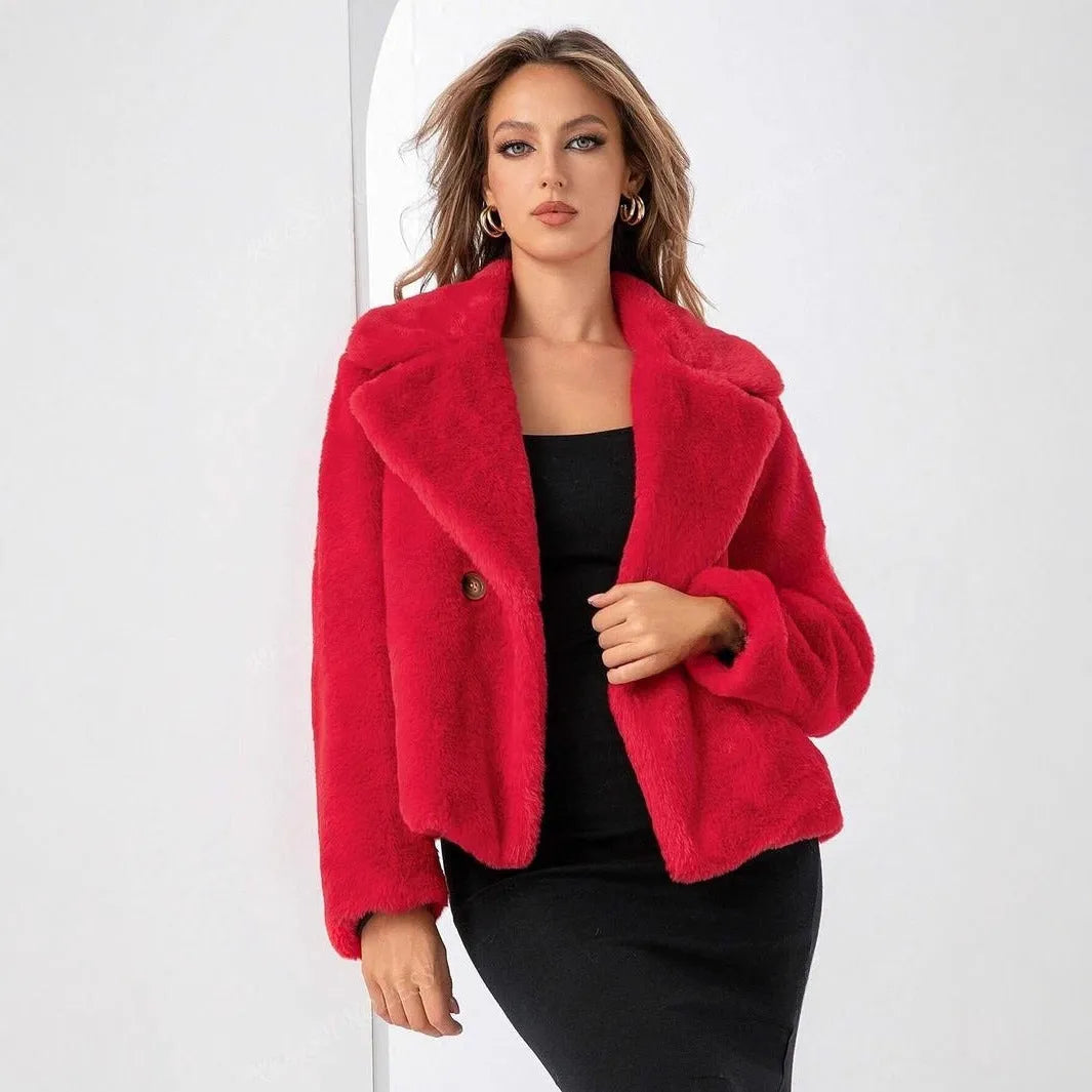 Women's short loose artificial fur coat in rose red colour with regular sleeves.