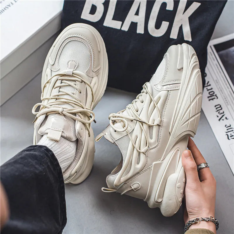 Men's beige mesh sneakers with round toe and lace-up front on rubber sole