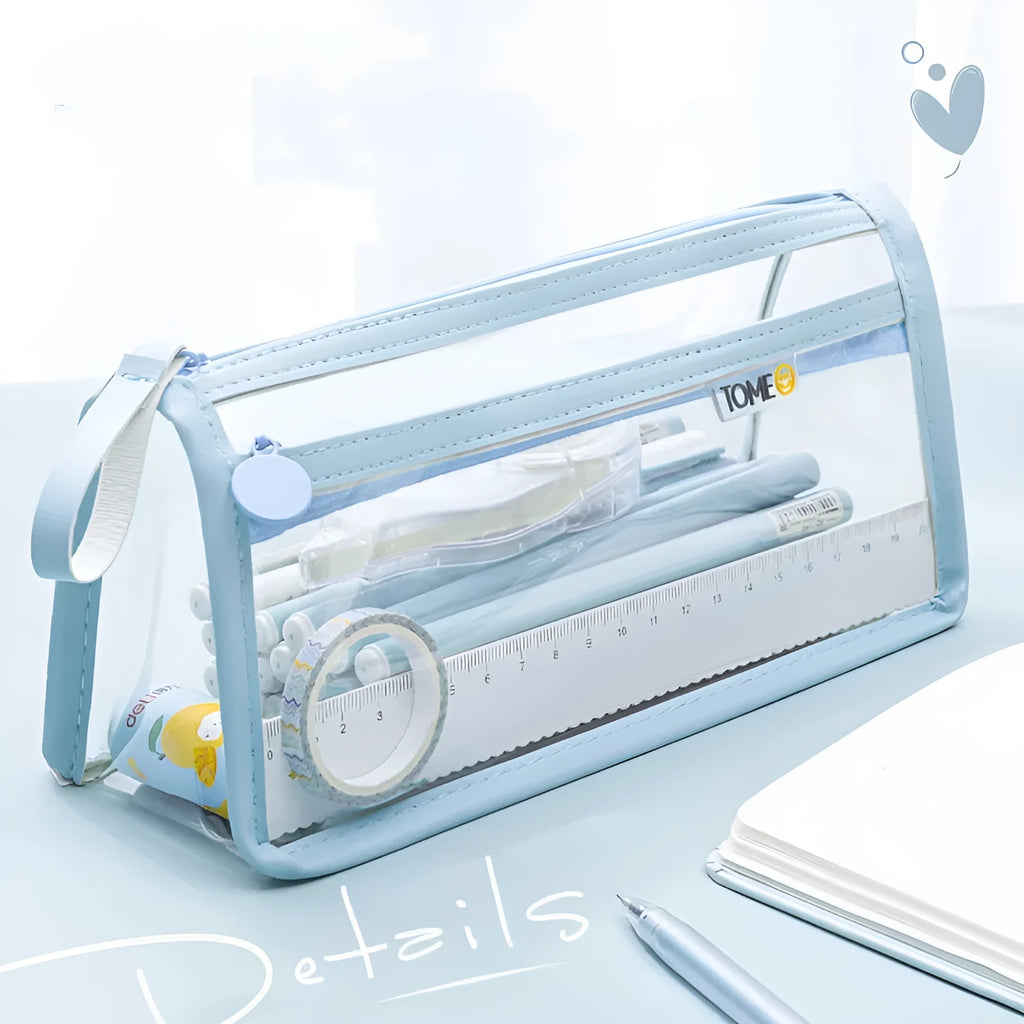 Transparent double-layer pencil case showing two compartments with writing instruments inside, dimensions 220x110x80mm