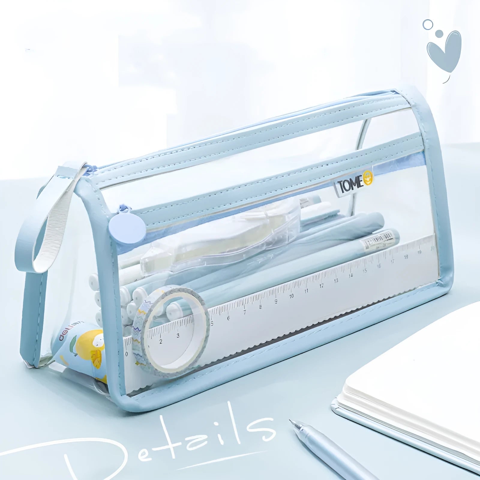 Transparent double-layer pencil case showing two compartments with writing instruments inside, dimensions 220x110x80mm
